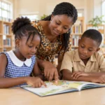 Une enseignante aide deux élèves à lire dans la bibliothèque