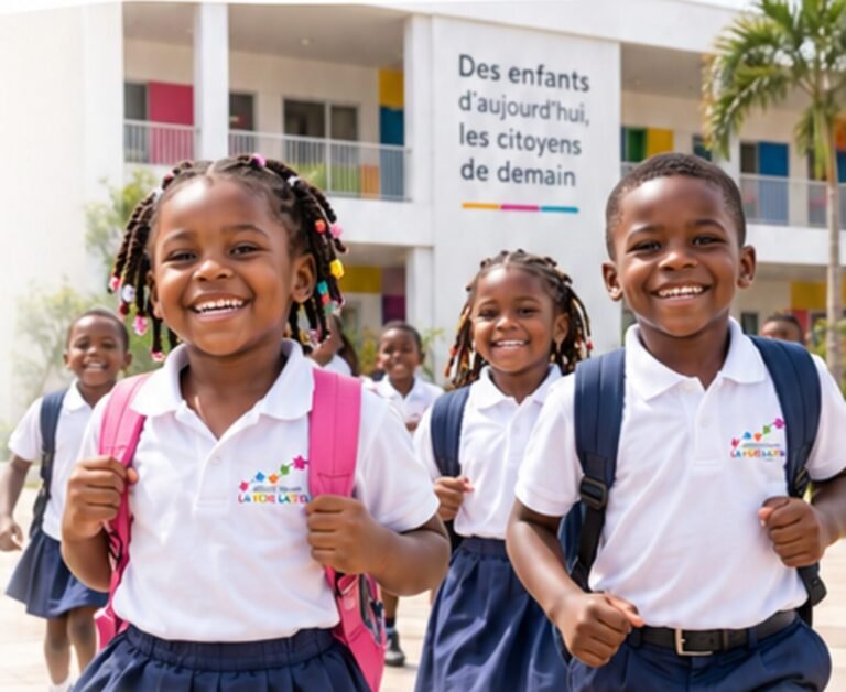 Élèves de La Voie Lactée devant l’école