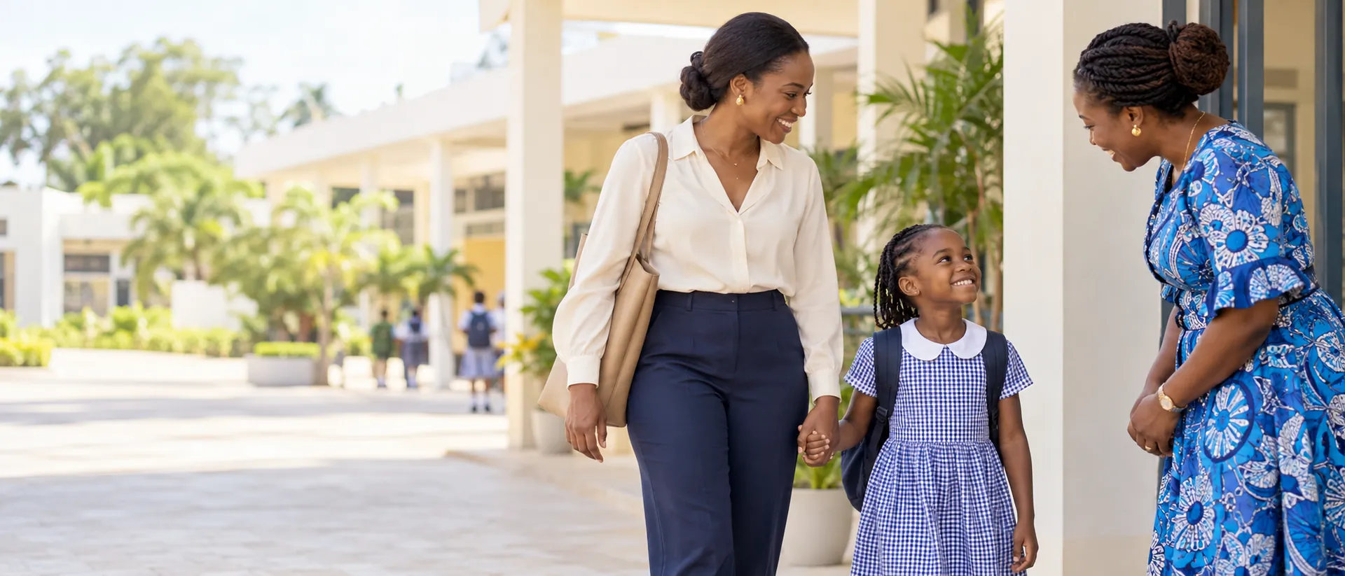 Une maman et sa fille souriantes accueillies à l’entrée de l’école