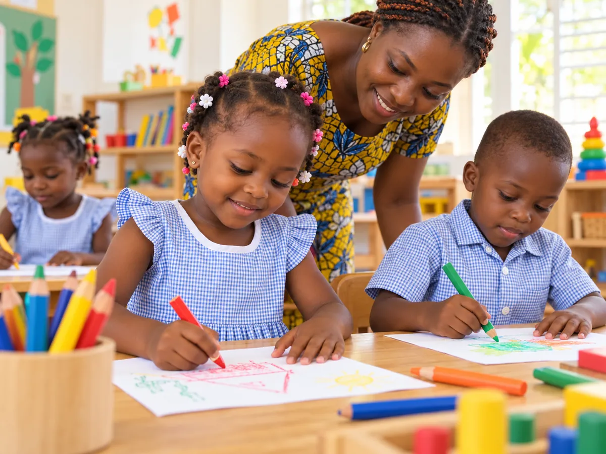 Enfants de maternelle qui dessinent avec leur enseignante
