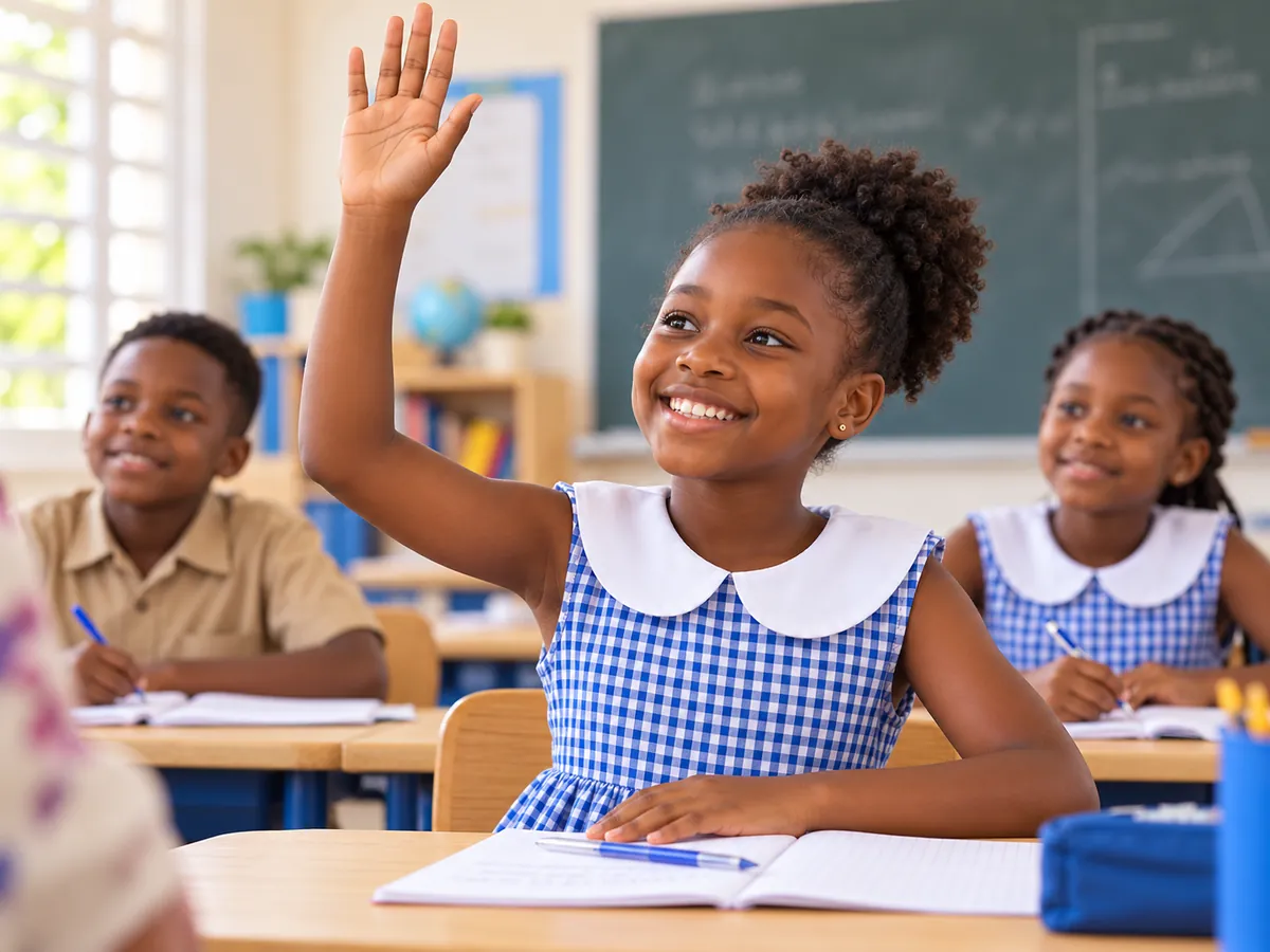 Élève de primaire qui lève la main en classe