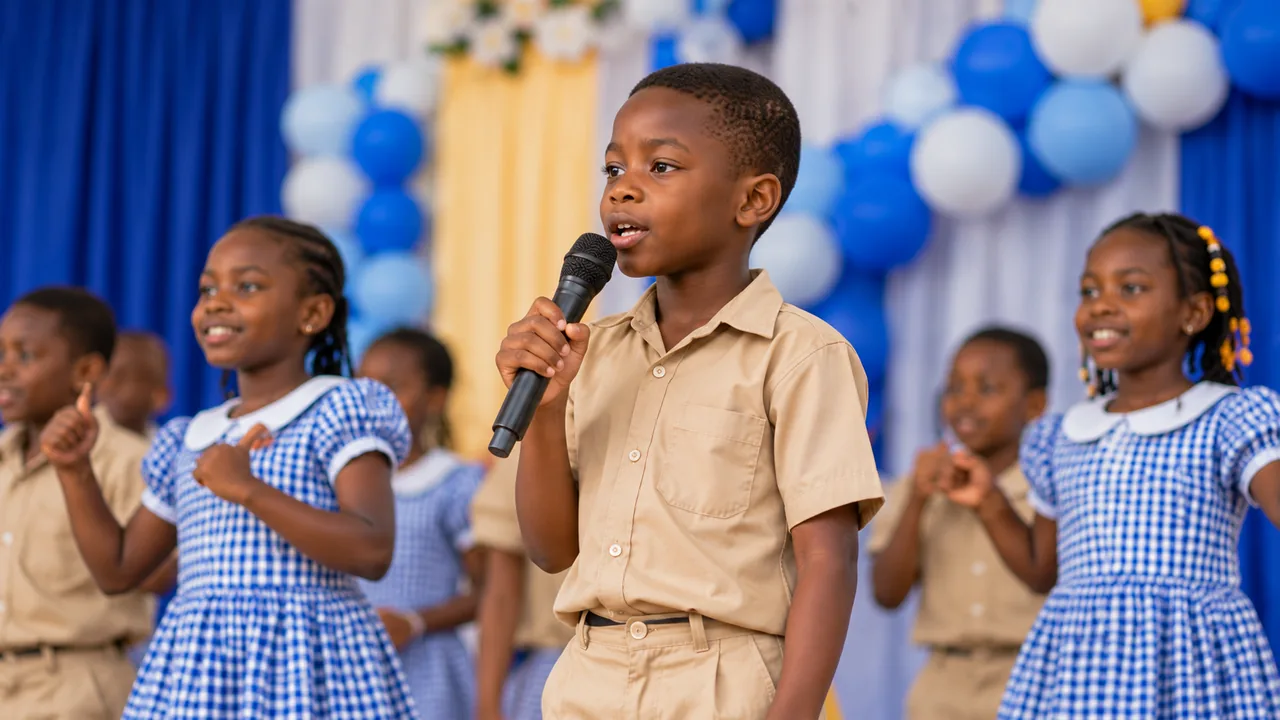 Un élève chante au micro pendant le spectacle de l’école